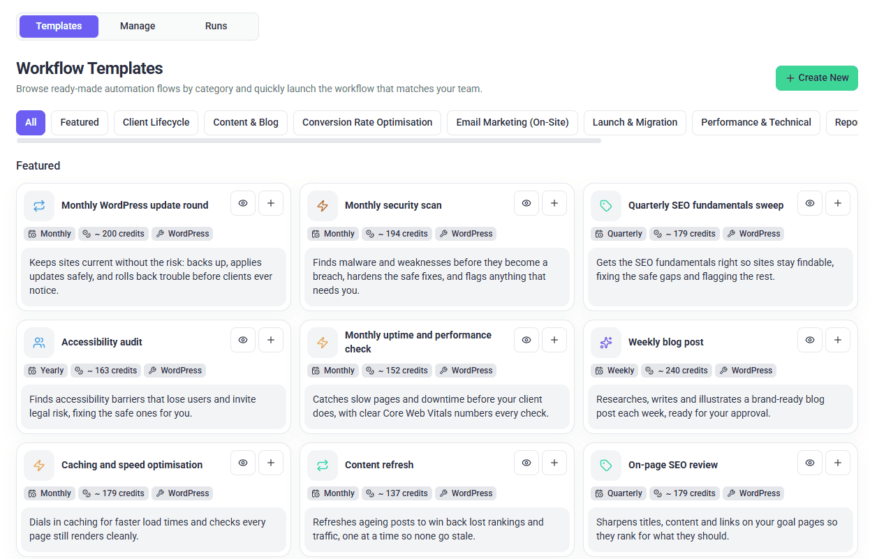 Workflow Templates on the Templates tab, with template categories and the Create New button