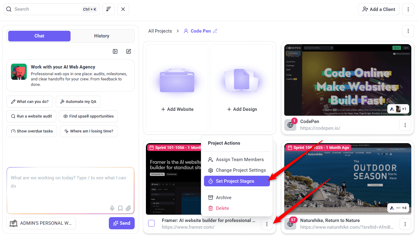 Project Actions menu open on a project card, with Set Project Stages highlighted