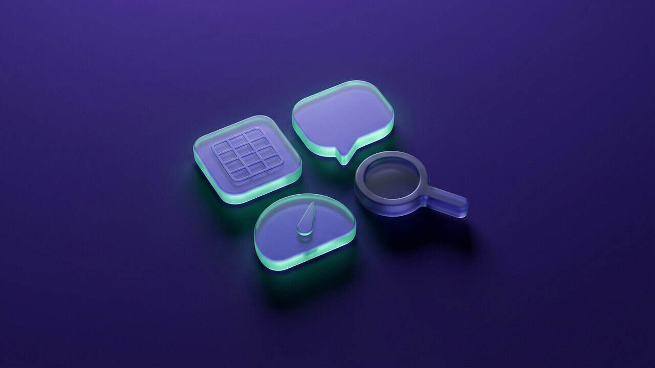 A small cluster of four rounded glass tiles on a deep violet background, three edged in emerald, showing a grid, a speech bubble, a gauge and a magnifier