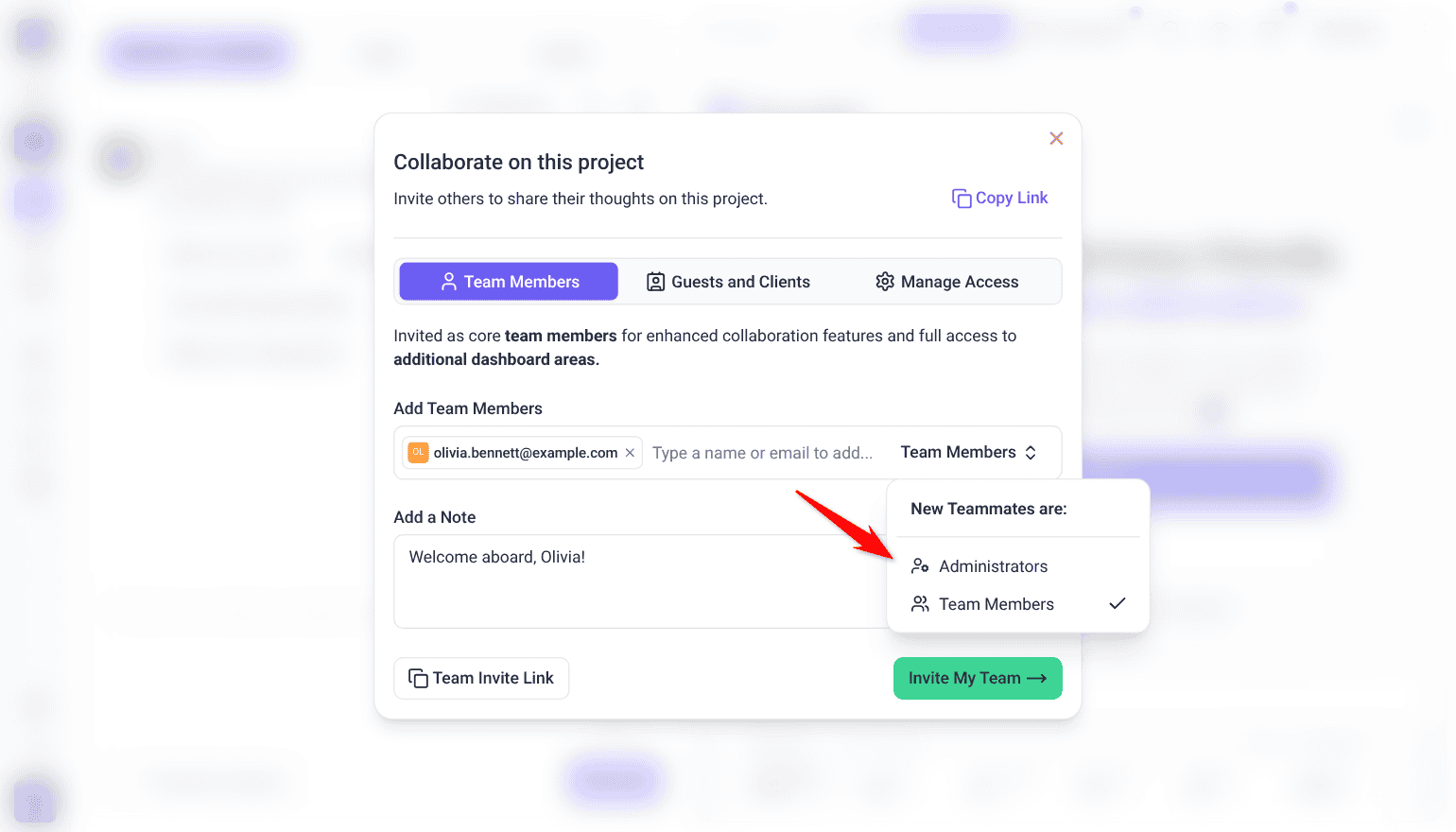 Collaborate on this project window opened from Collaborate, with an email added and the New Teammates are: menu showing Administrators and Team Members