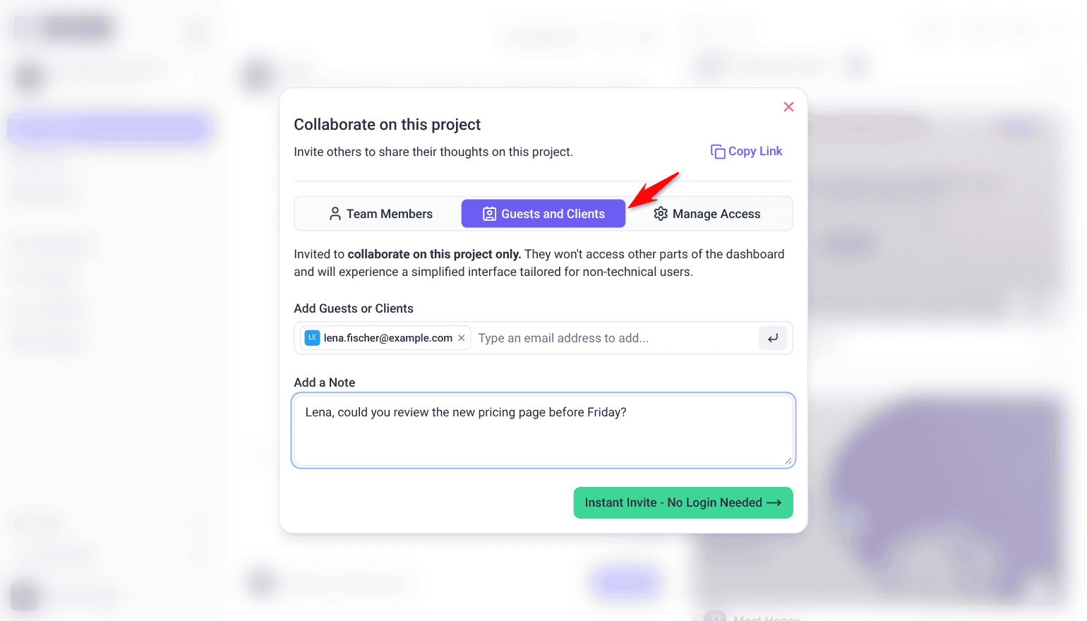 Collaborate on this project window on the Guests and Clients tab, with a guest email and a note added