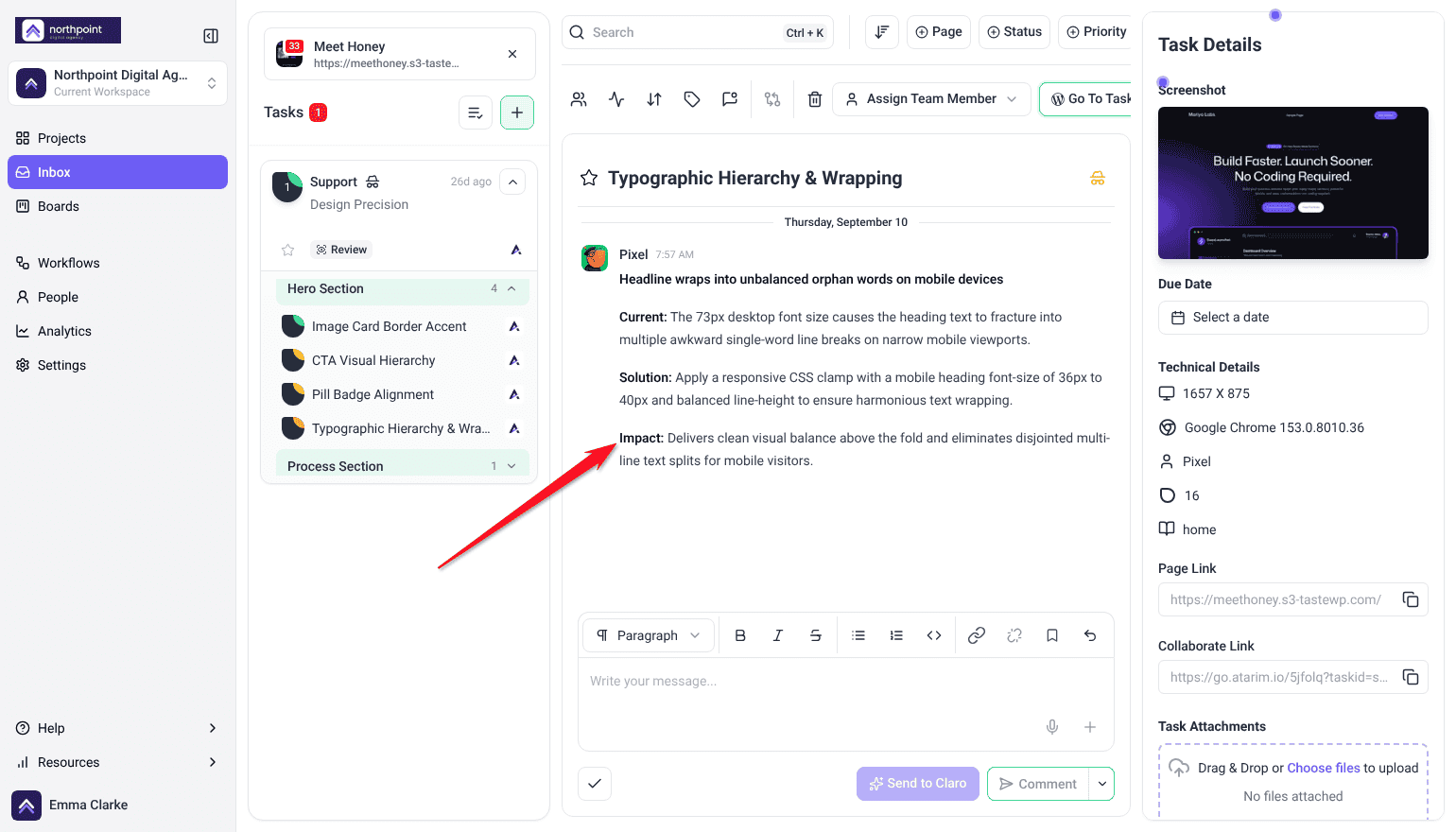 Inbox showing a review's Hero Section findings and Pixel's finding with Current, Solution and Impact