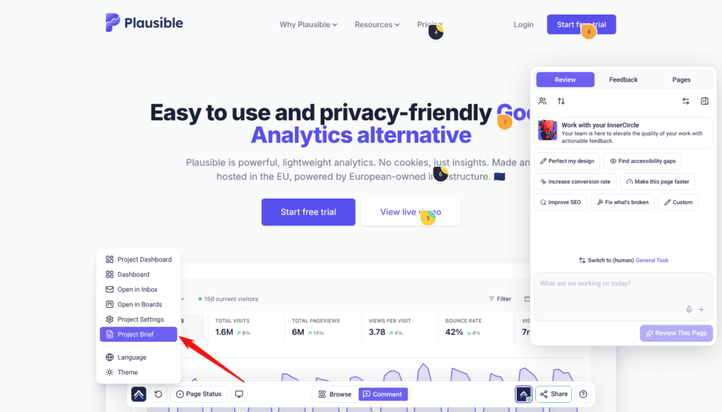 Collaborate bottom bar with the Atarim menu open and Project Brief highlighted