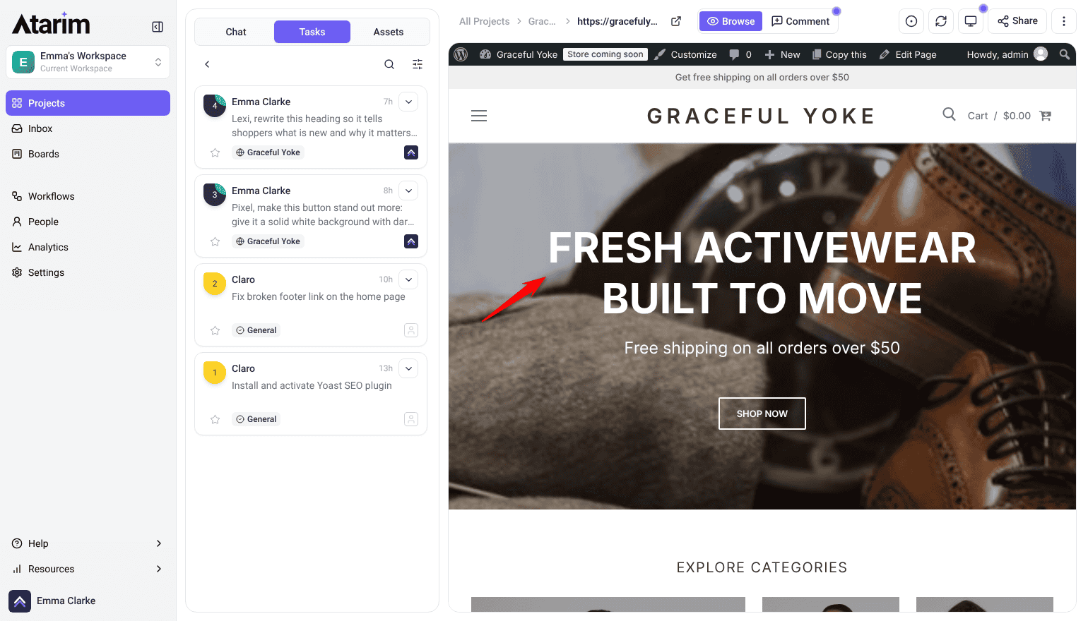 The hero heading rewritten by Lexi to Fresh activewear built to move, live on the WordPress page