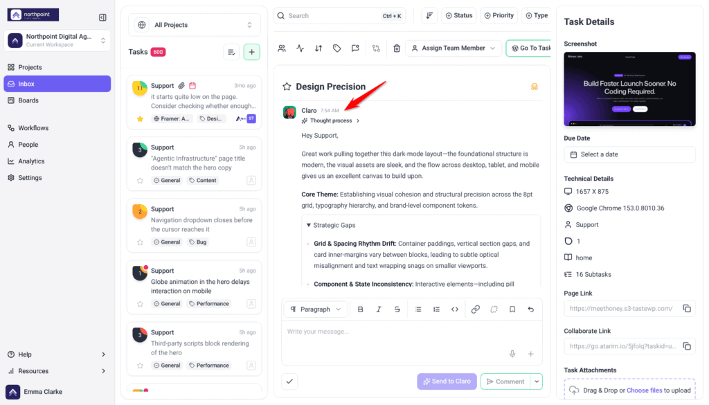 Claro's Strategic Overview in the review task thread with Core Theme and Strategic Gaps