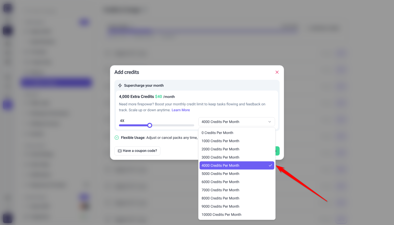 Add credits window with the Credits Per Month dropdown open; the arrow points at the selected 4000 Credits Per Month pack