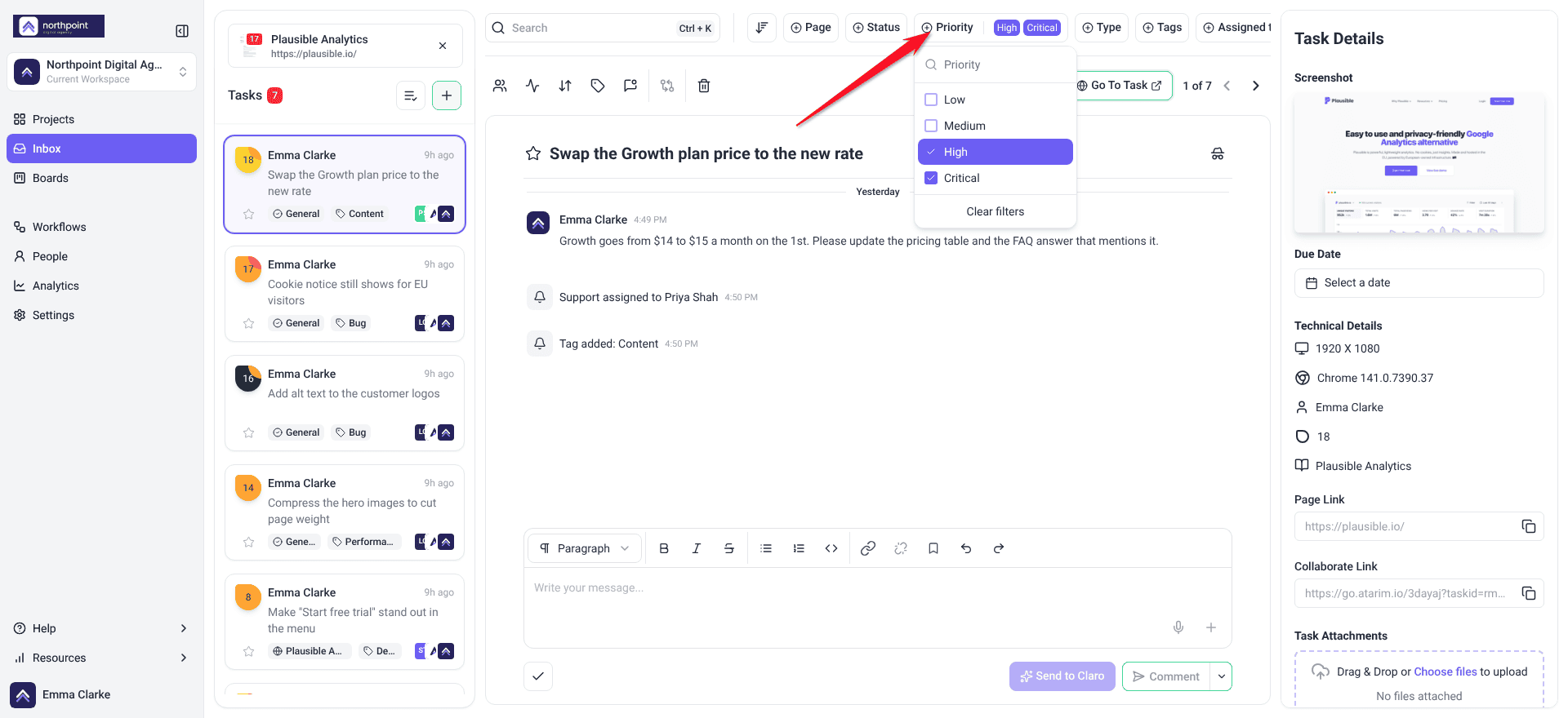 Inbox with the Priority filter open and High and Critical ticked, narrowing the task list to seven tasks