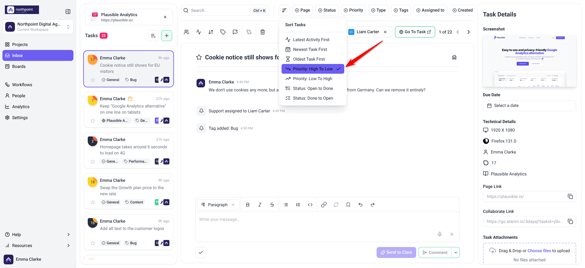 Inbox sort menu with Priority: High To Low selected and the two Critical tasks at the top of the list