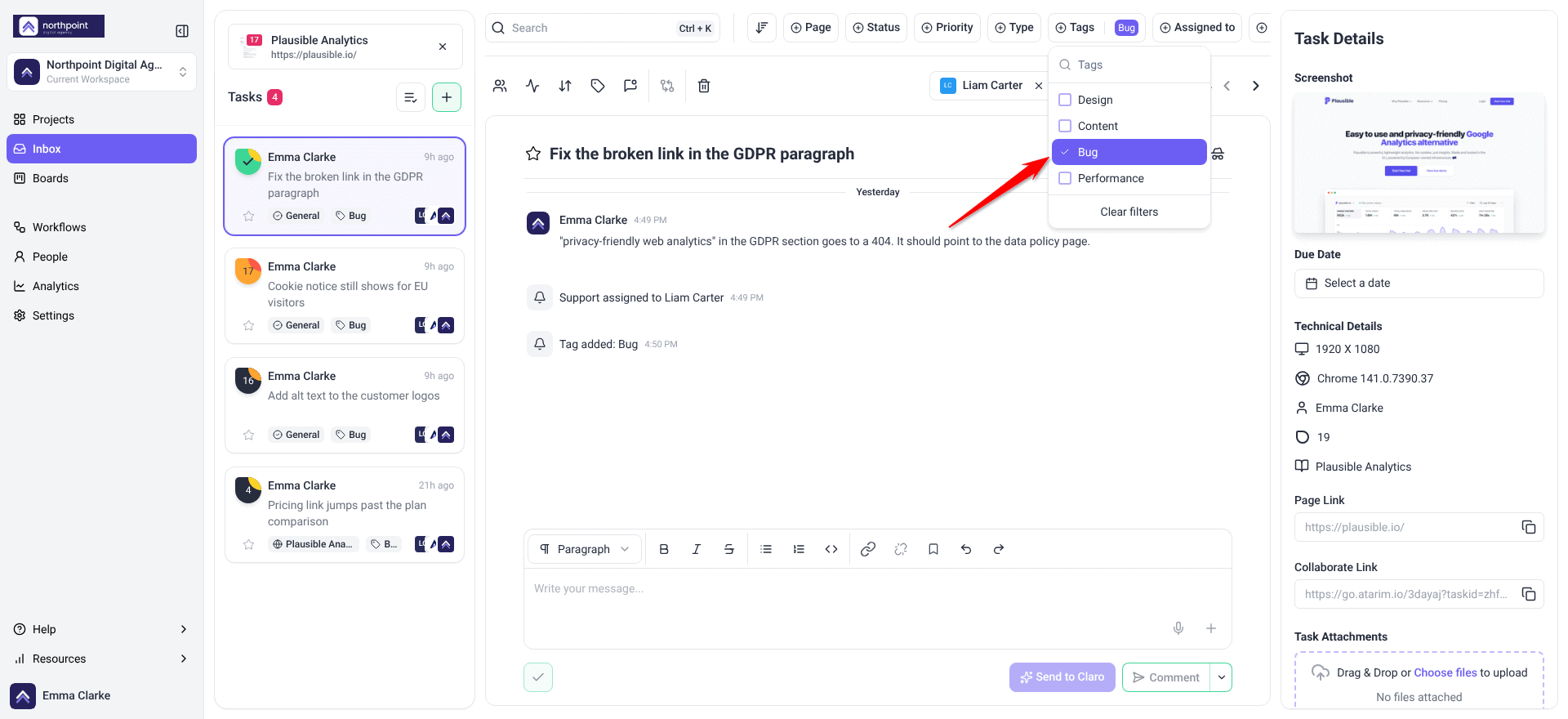Inbox Tags filter open with Bug ticked, narrowing the task list to four tasks