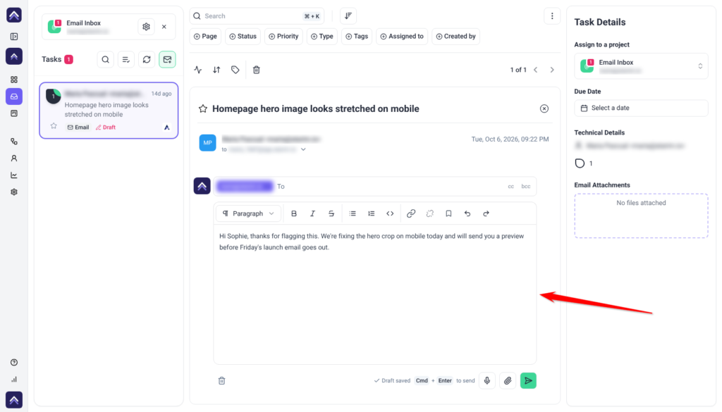 Email task in the Email Inbox project with a reply typed in the composer, the arrow pointing at the composer