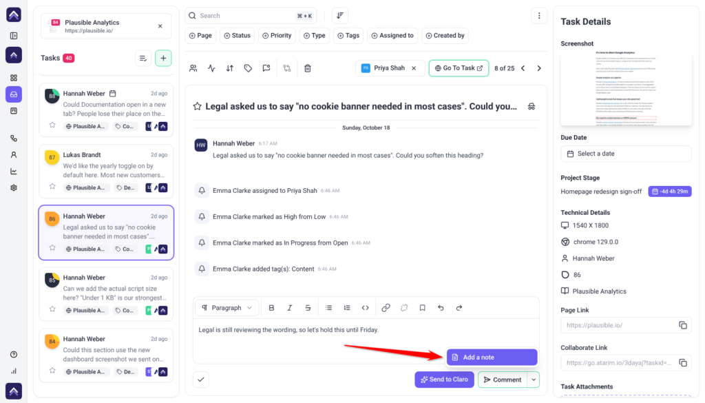 Internal remark typed in an Inbox task's message box with the Comment menu open, the arrow pointing at Add a note
