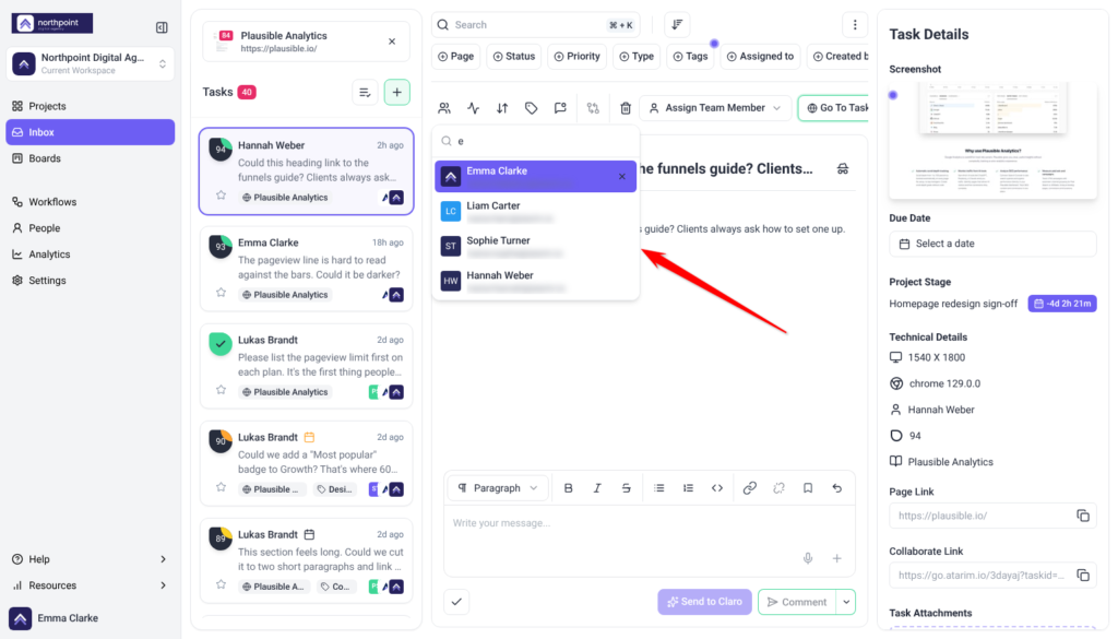 Inbox task with the notify list open, Emma Clarke added and Liam Carter, Sophie Turner and Hannah Weber below, arrow on Sophie