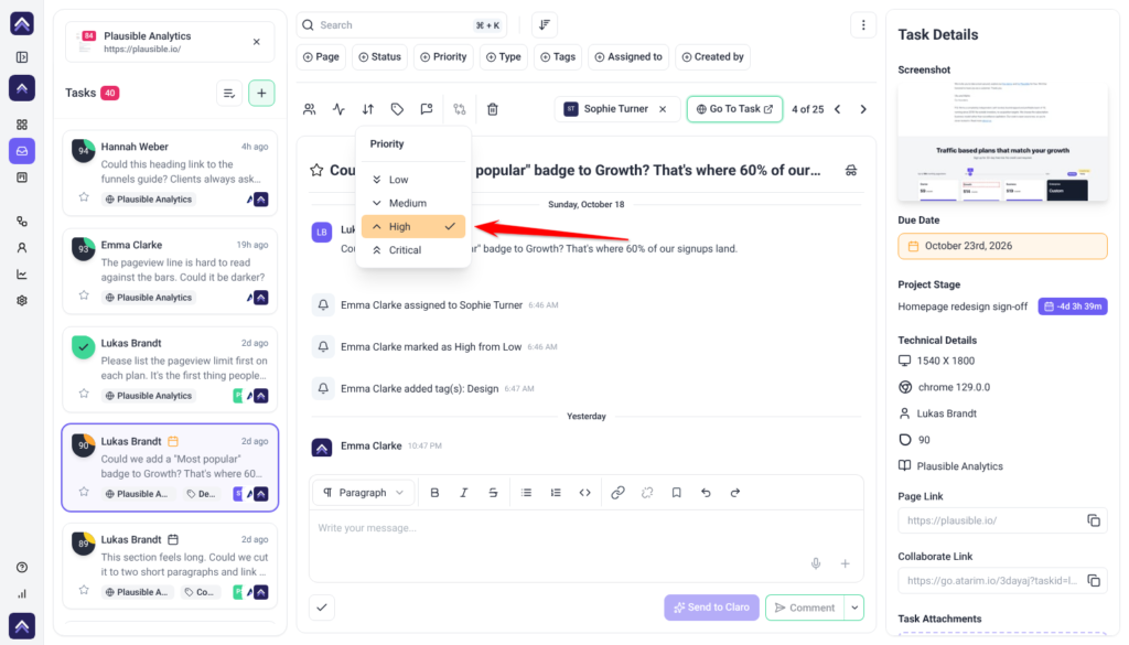 Inbox task from Lukas Brandt with the Priority menu open on Low, Medium, High and Critical, the arrow pointing at High