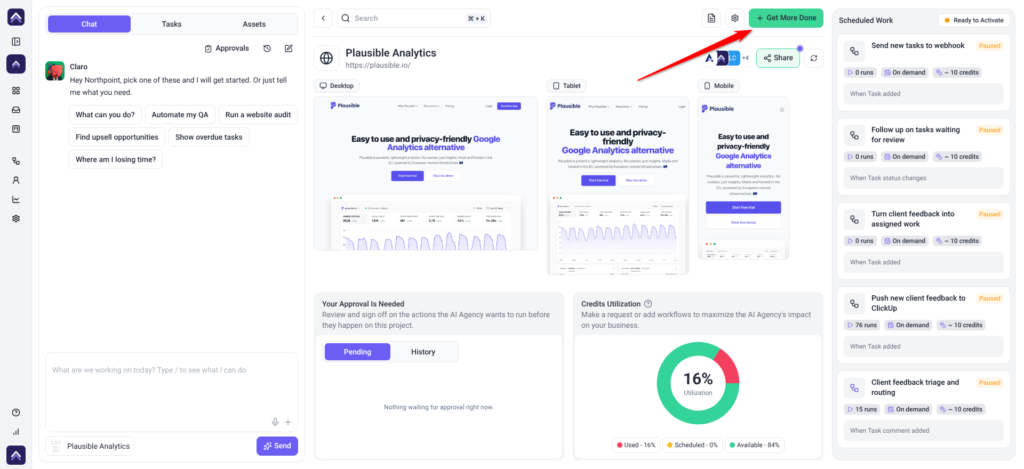Plausible Analytics project dashboard; the arrow points at the Get More Done button in the top bar