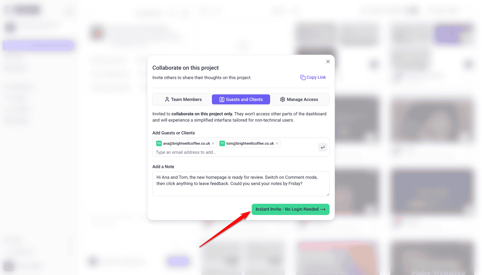 Collaborate on this project window on Guests and Clients with two client emails, a note and Instant Invite - No Login Needed