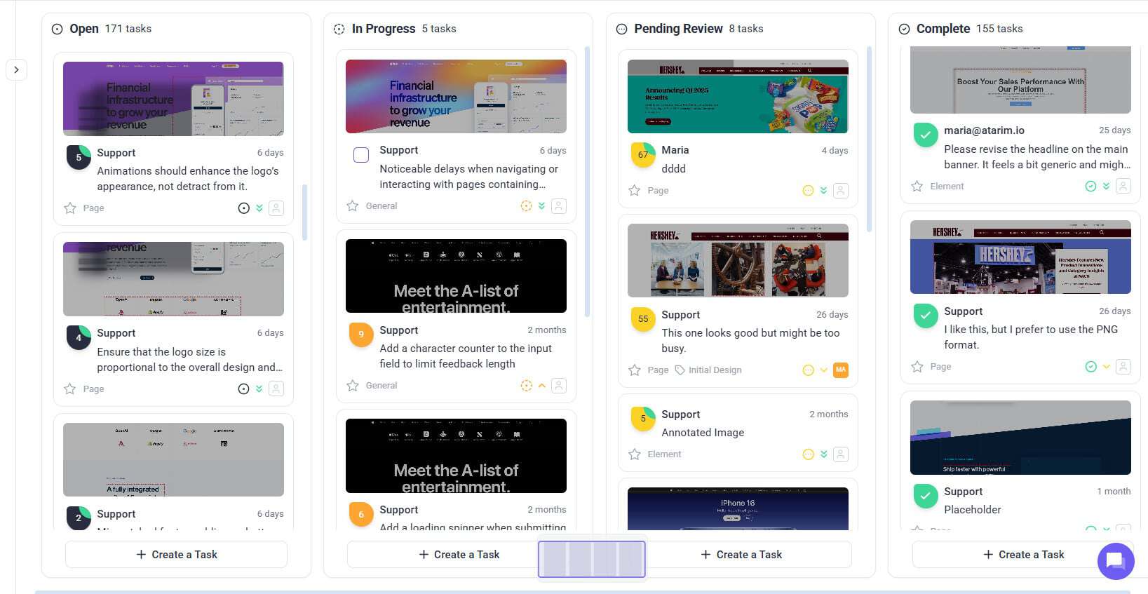 The Atarim Boards screen showing task cards created from visual feedback, each with a screenshot