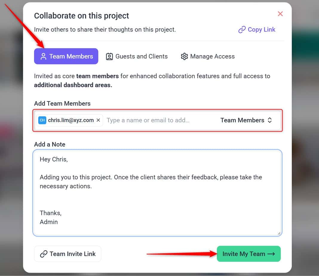 The share panel in Atarim open on its Team Members tab, ready to add people to a project