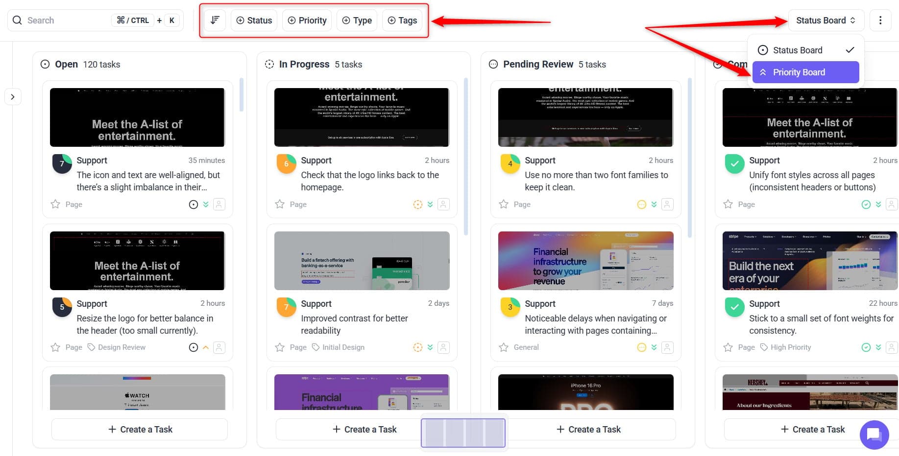 Tasks grouped by priority in the board view