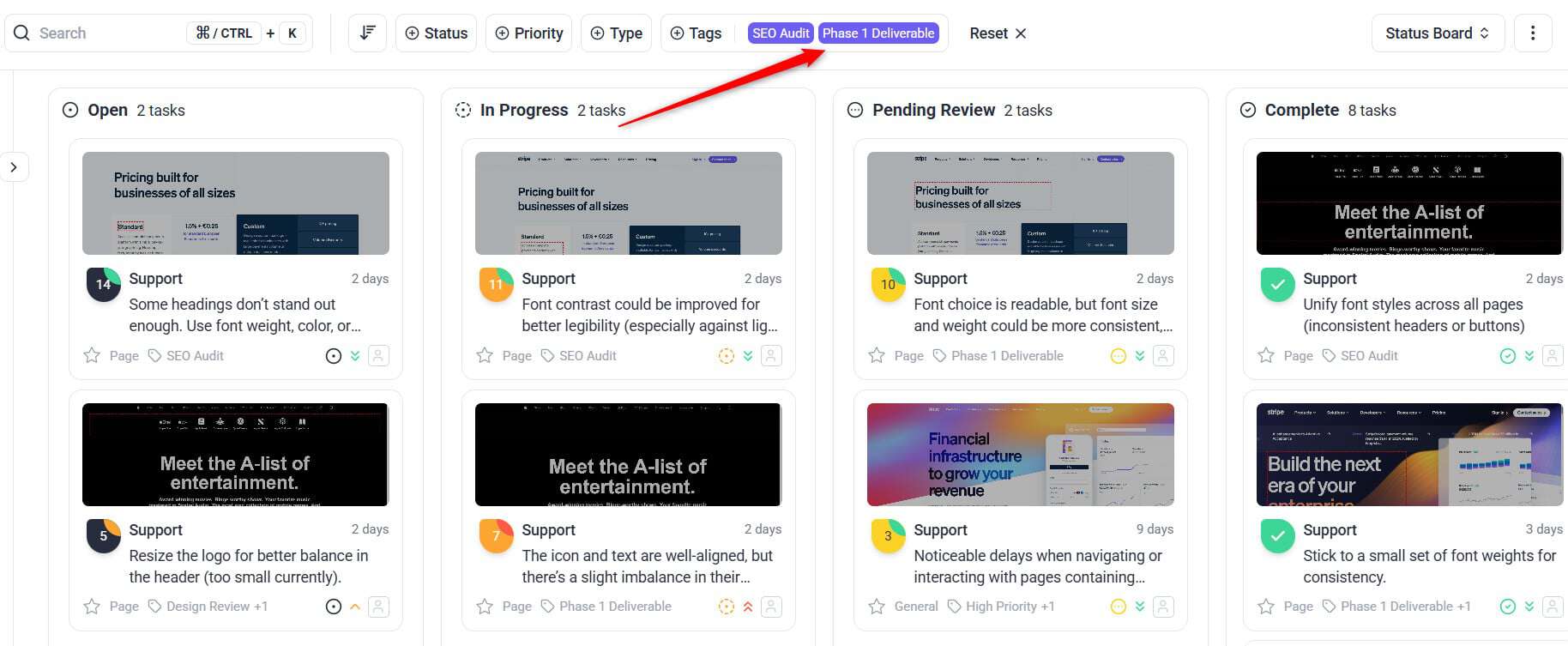 Filtering tasks by tag on the Atarim Boards screen