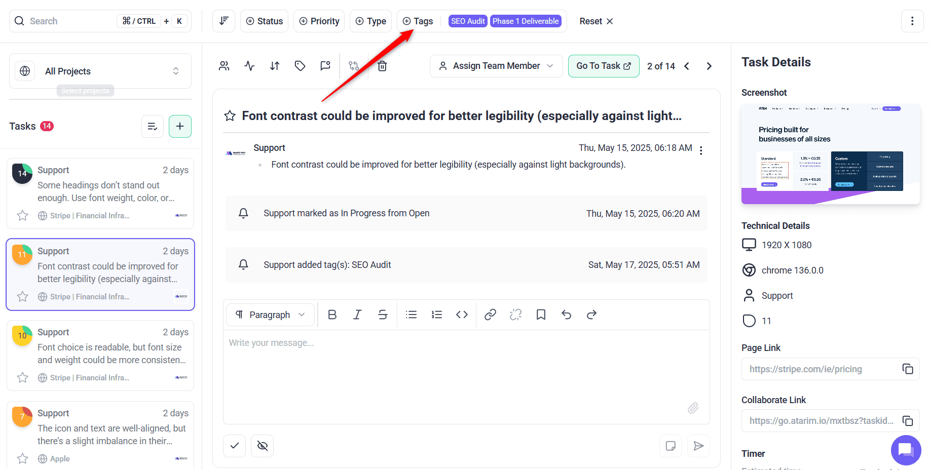 The tag filter open in the Atarim Inbox with tags selected and the task list narrowed