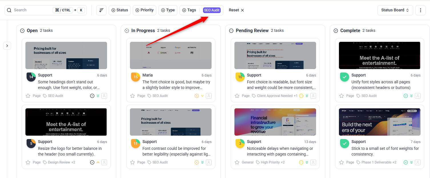 Filtered board with all visible tasks selected