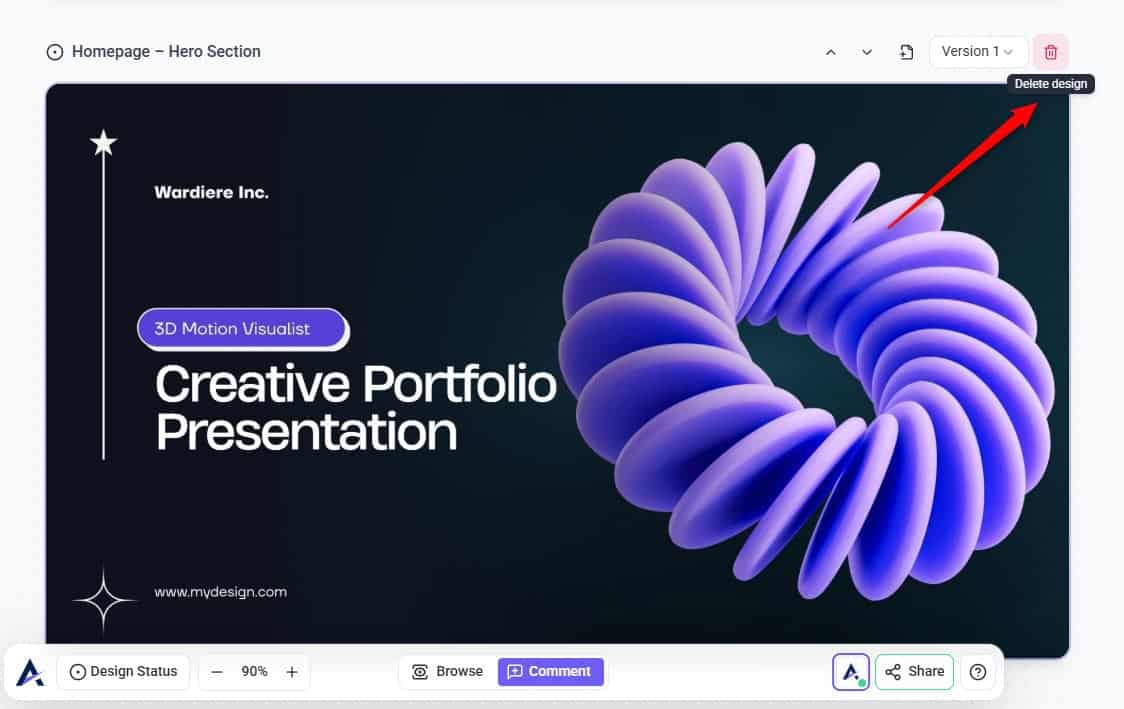 Deleting a design from an Atarim design project