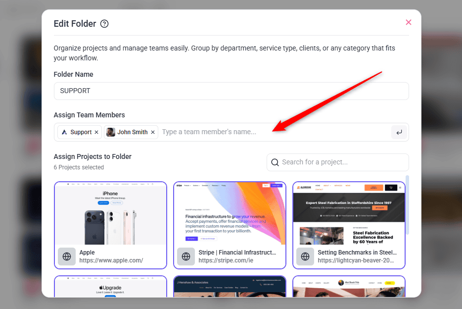 Edit Folder dialog with Support and John Smith added under Assign Team Members