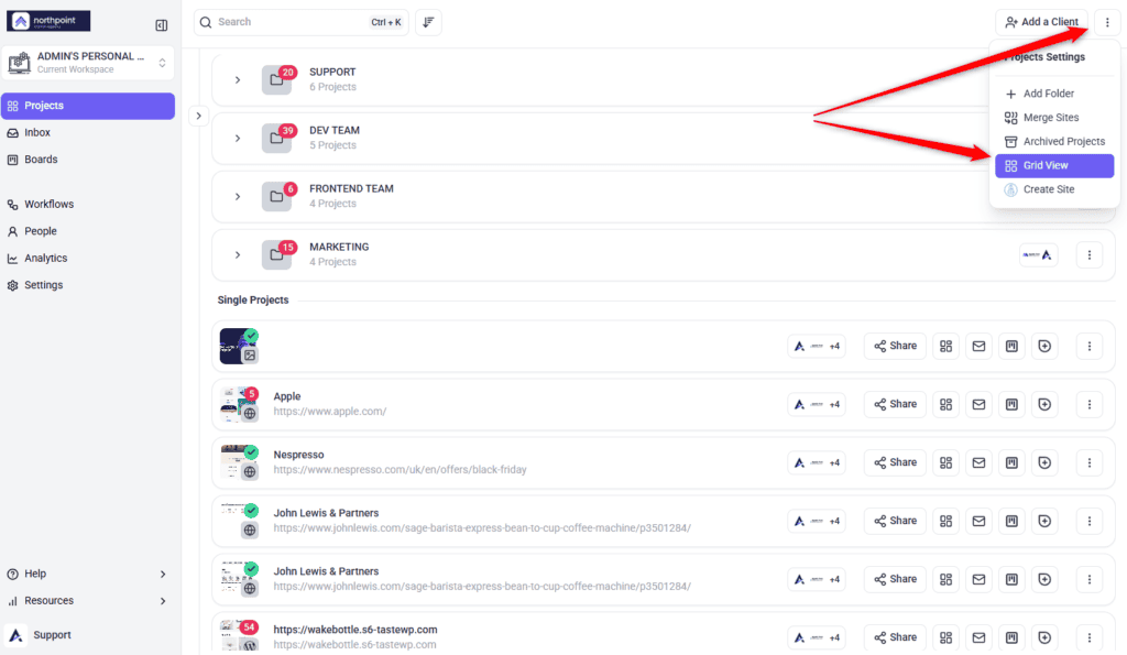 The ⋮ menu on the Projects screen, used to switch between Grid and List