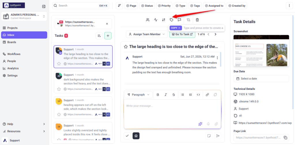 Inbox task with the tag field open and a COPY tag added