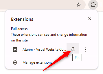 Pinning the Atarim extension to the Chrome toolbar from the puzzle piece menu