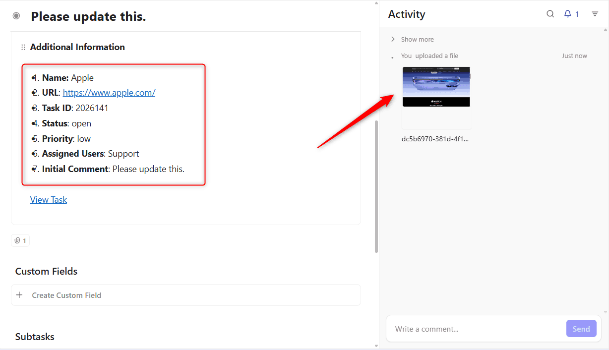 An Atarim task shown as a synced task in ClickUp