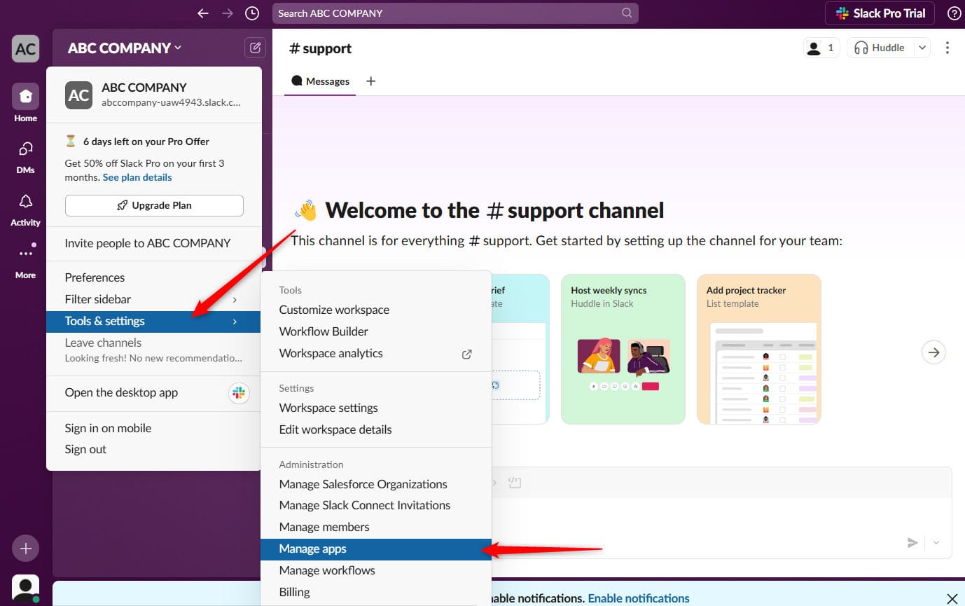 Choosing Manage Apps from Slack's Tools and Settings menu