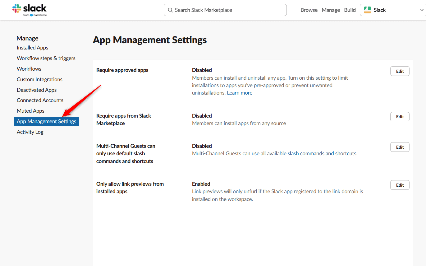 The App Management Settings area in Slack