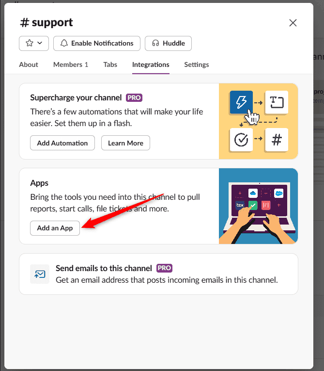 The Add an App option in a Slack channel
