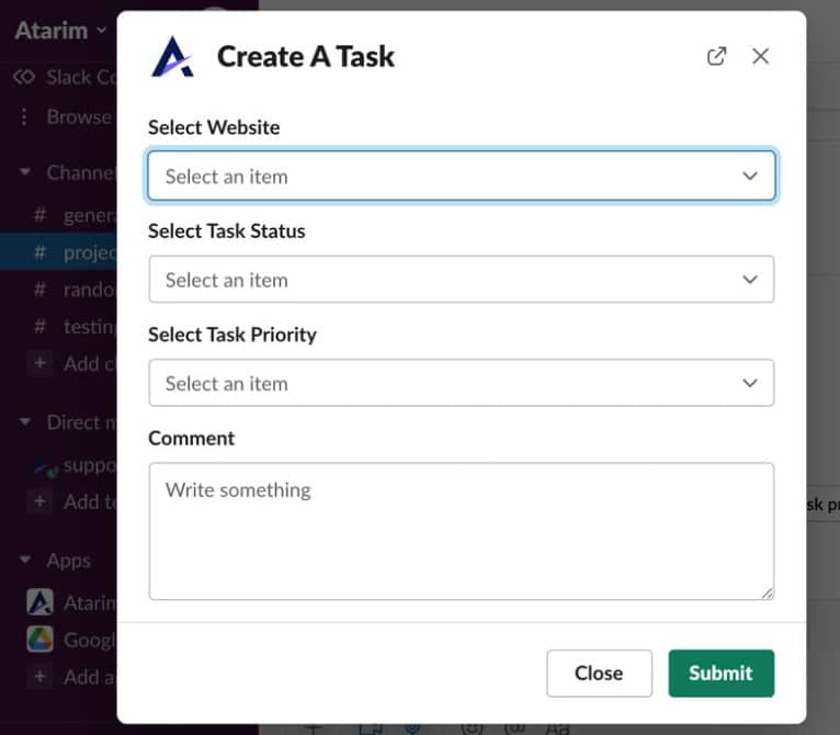 An Atarim action form open in Slack