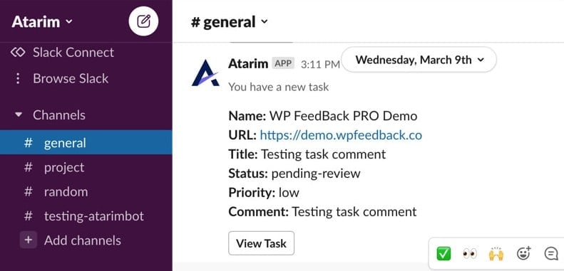 A confirmation message in the Slack channel after an Atarim action