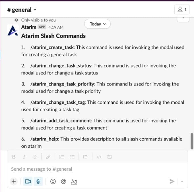 The help text returned by the atarim_help command in Slack