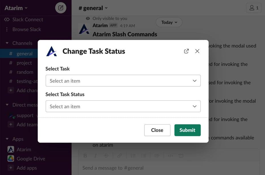 Changing a task status from Slack using an Atarim slash command