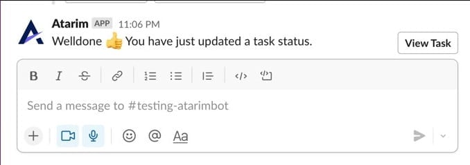 A status change confirmation posted in the Slack channel