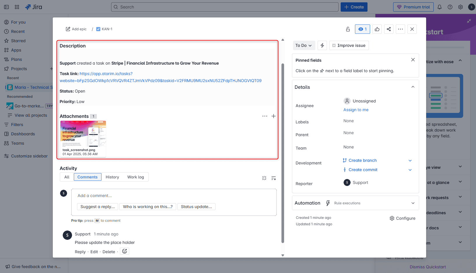 A Jira issue showing the Atarim task details carried across