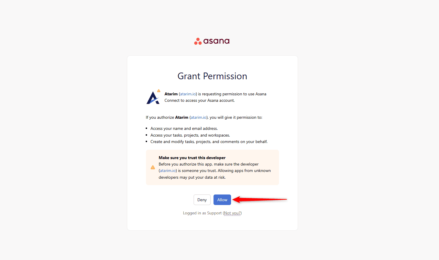 The Asana permission screen with the Allow button