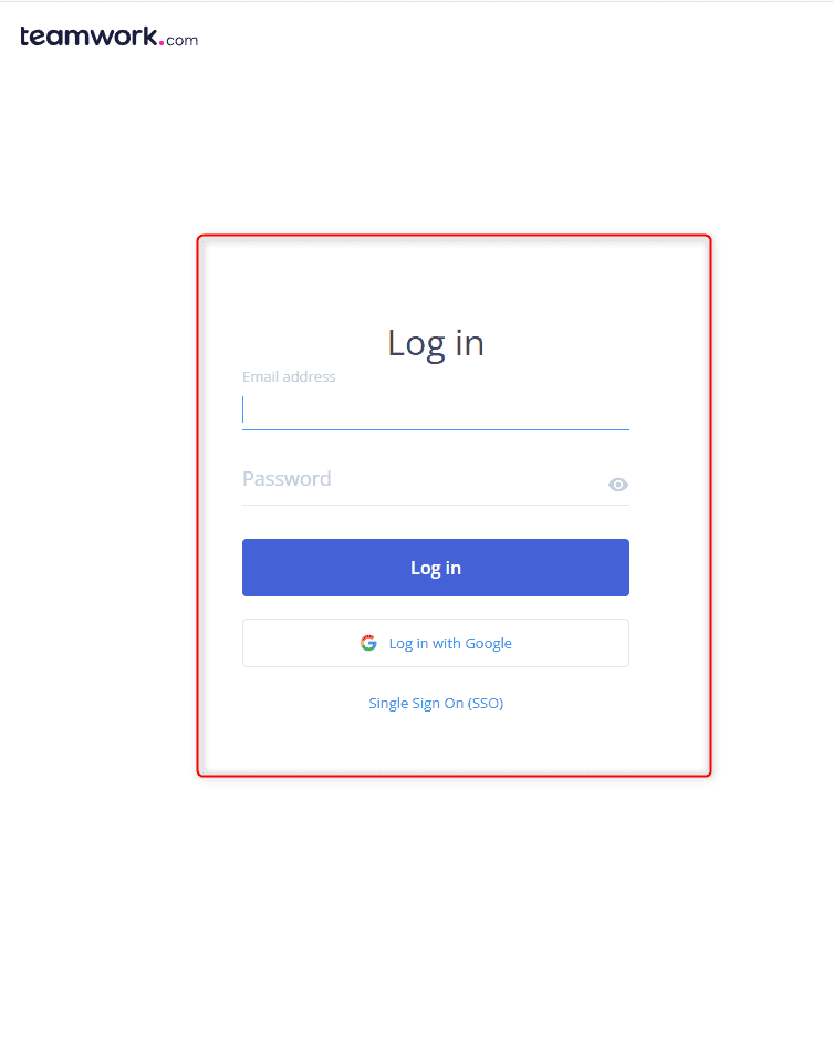 Teamwork account login screen
