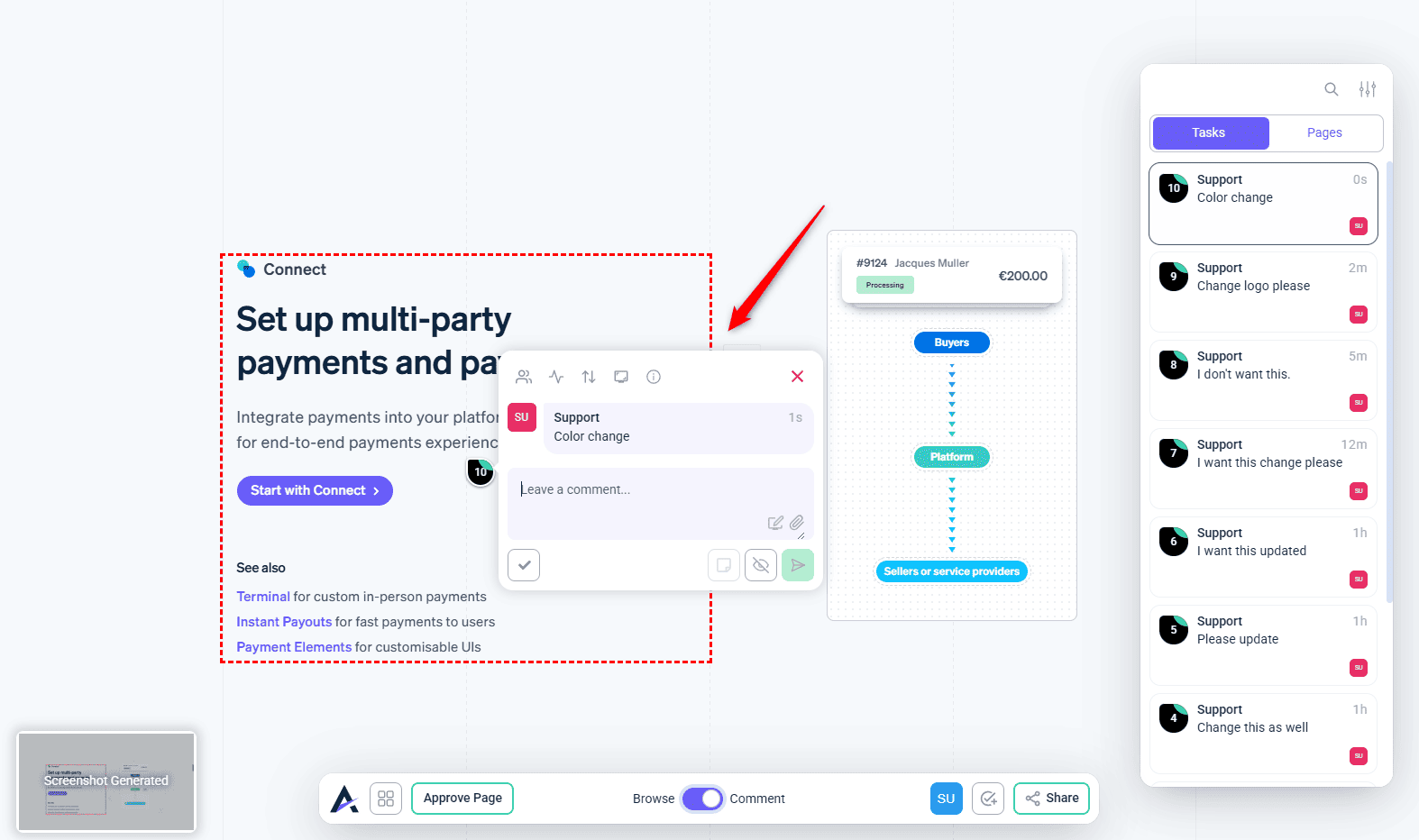 Feedback left on a page to test the integration