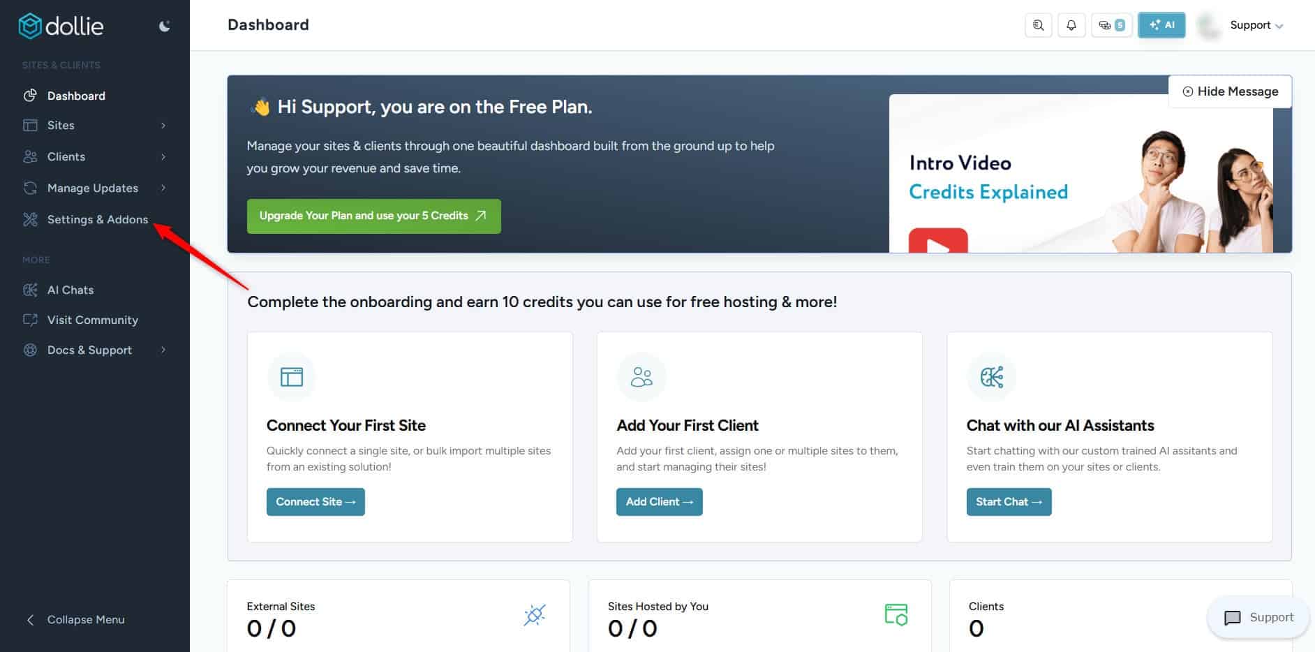 Navigating to Settings and Addons in the Dollie Control HQ dashboard