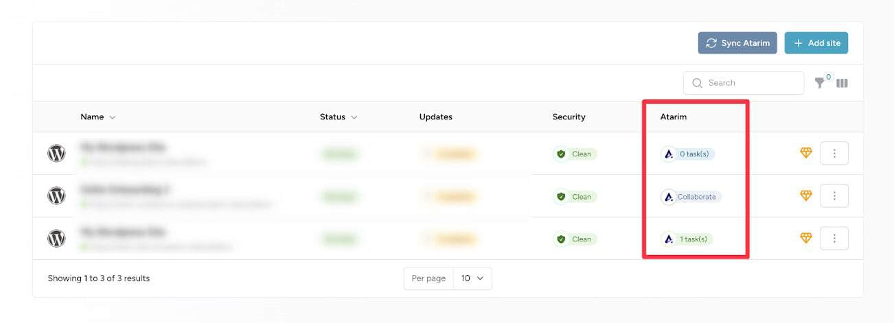 The Atarim column in Dollie showing a task count on one site and a Collaborate button on another