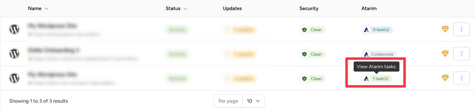 Selecting a task count icon in Dollie to view Atarim tasks
