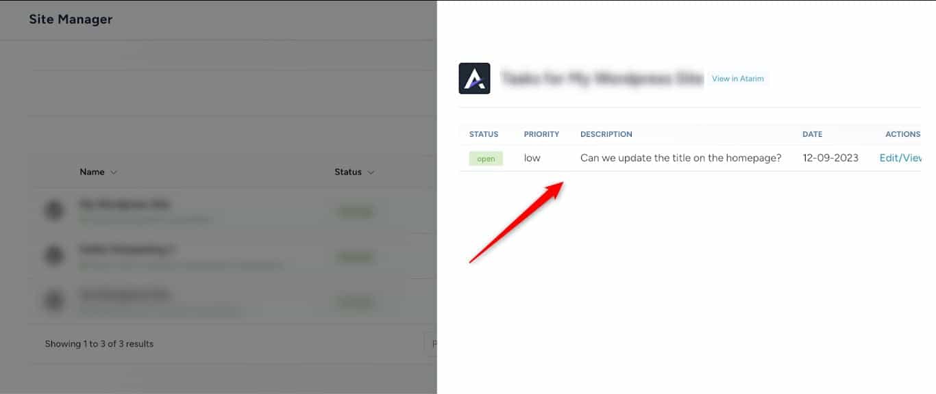 The Atarim task panel open inside the Dollie dashboard