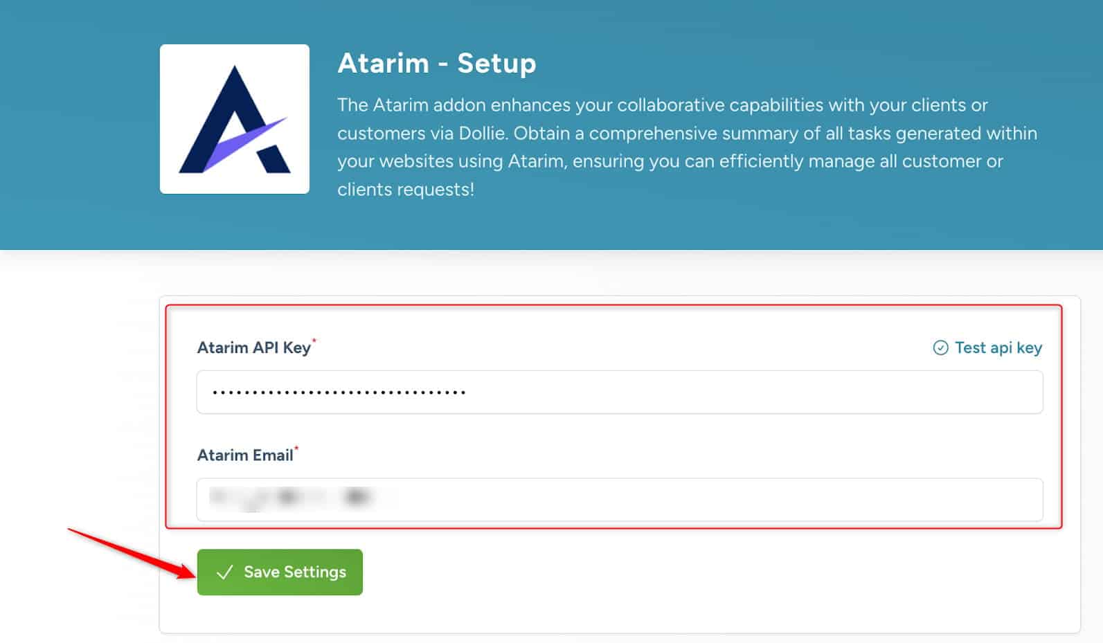 The Dollie add-on configuration form with the Atarim API key and account email entered