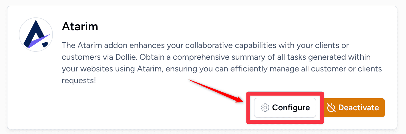 The Configure control beside the Atarim add-on in Dollie