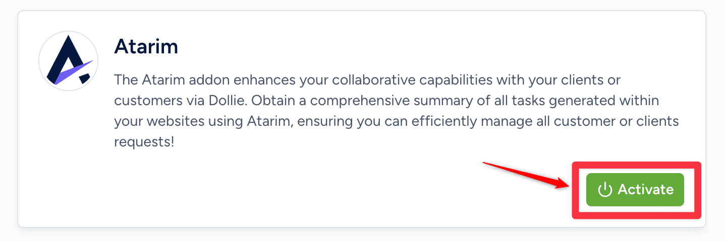 The Atarim add-on listed among Dollie's available add-ons, ready to activate